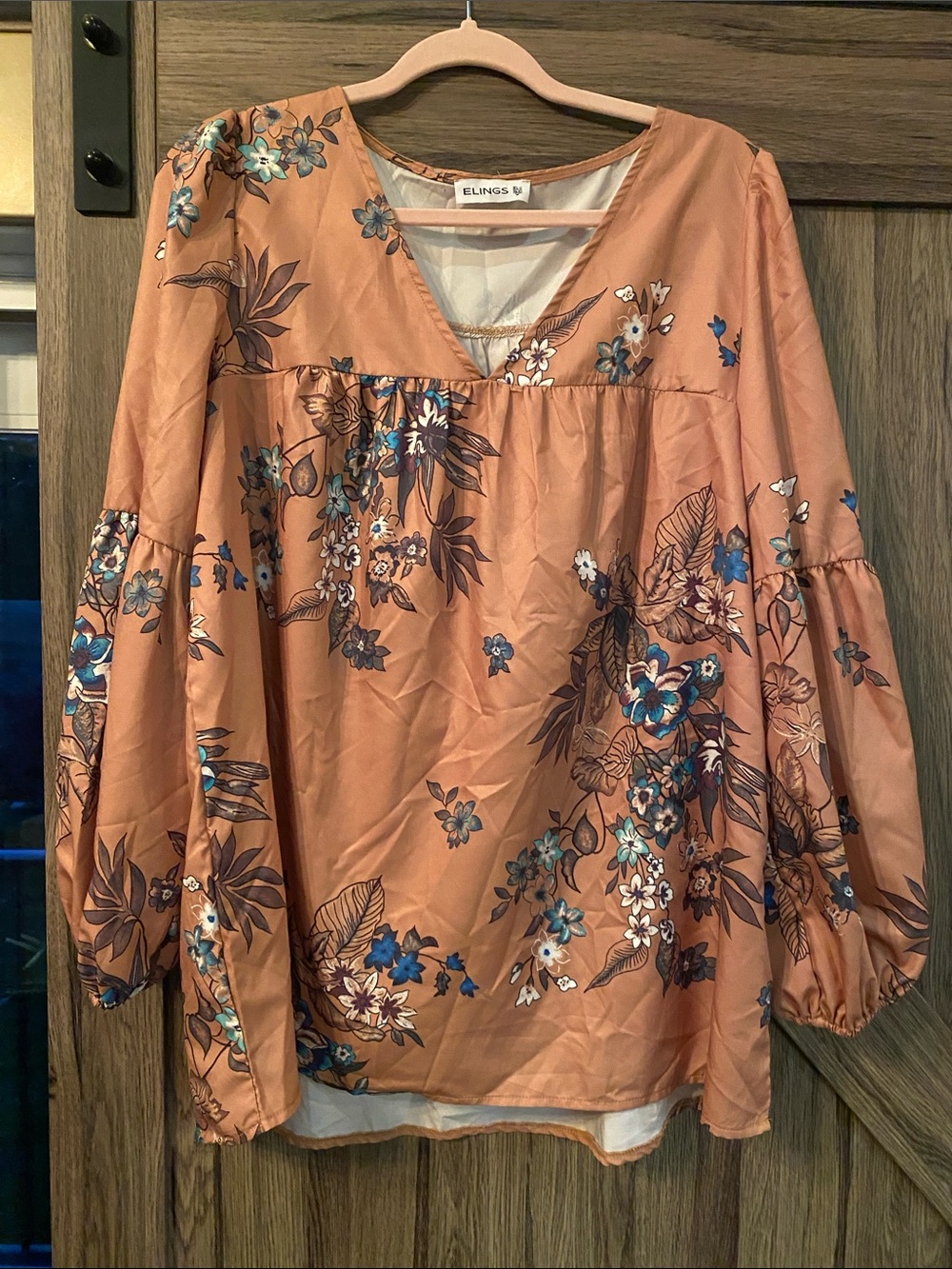 Elings Floral Peasant Blouse Size 2 Peach Blue Long Sleeve Boho Tunic Top